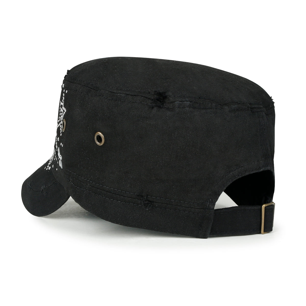 ililily Crystal Gemstone Stud Flower Vintage Cotton Military Army Hat Cadet Cap