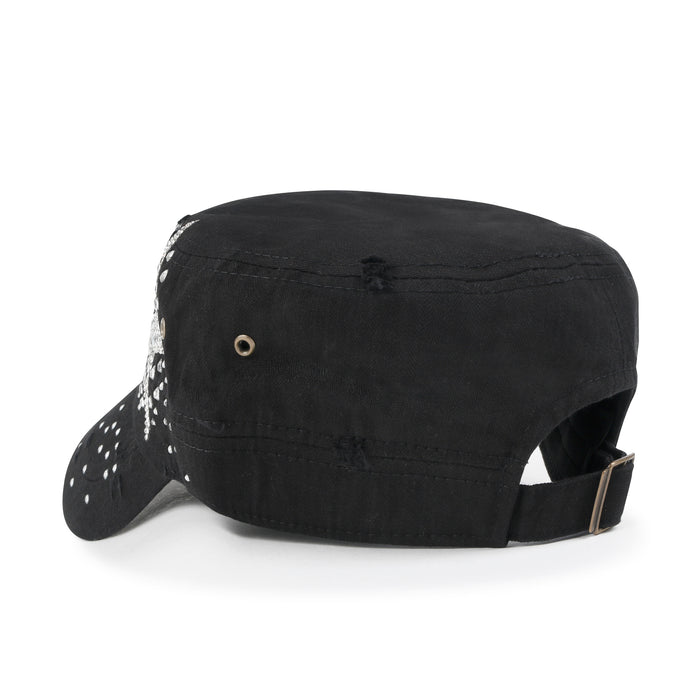 ililily Vintage Distressed Cotton Army Hat Star Shape Rhinestone Cadet Cap