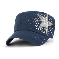 ililily Vintage Distressed Cotton Army Hat Star Shape Rhinestone Cadet Cap