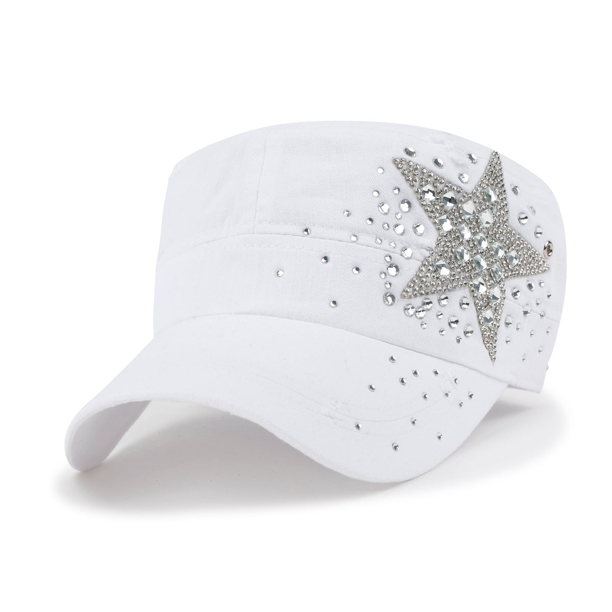 ililily Vintage Distressed Cotton Army Hat Star Shape Rhinestone Cadet Cap