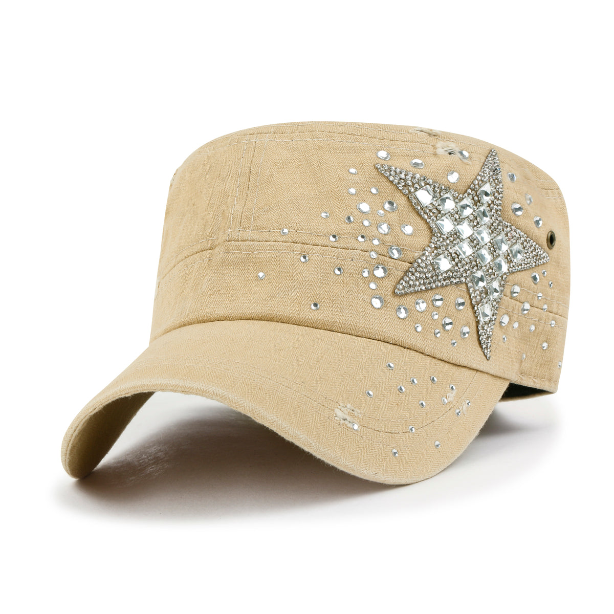 ililily Vintage Distressed Cotton Army Hat Star Shape Rhinestone Cadet Cap