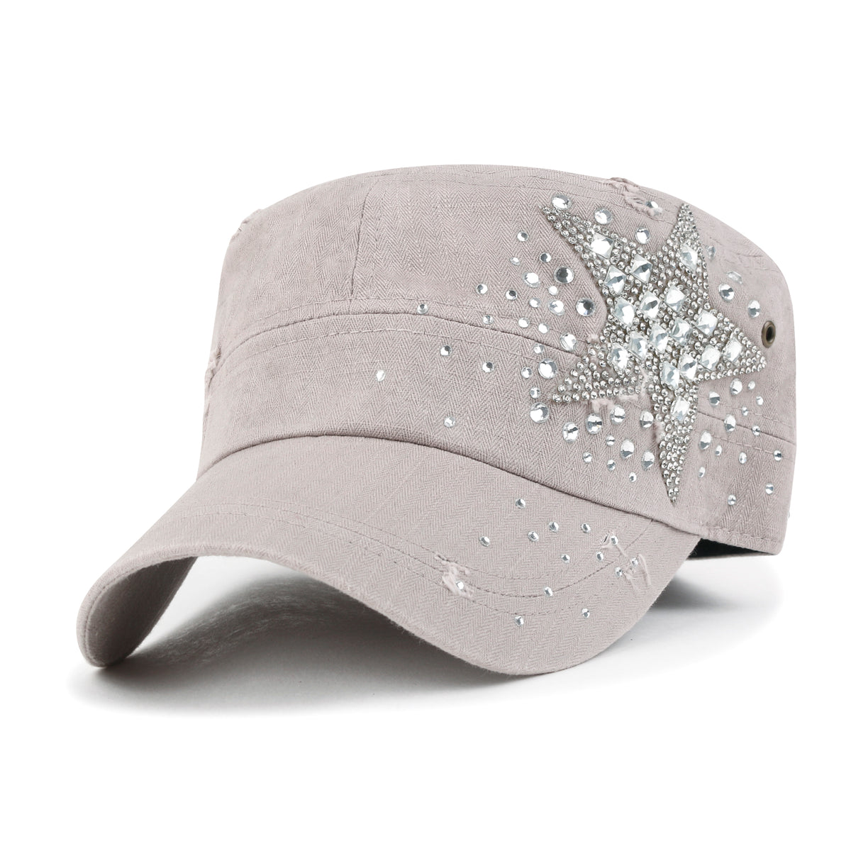 ililily Vintage Distressed Cotton Army Hat Star Shape Rhinestone Cadet Cap
