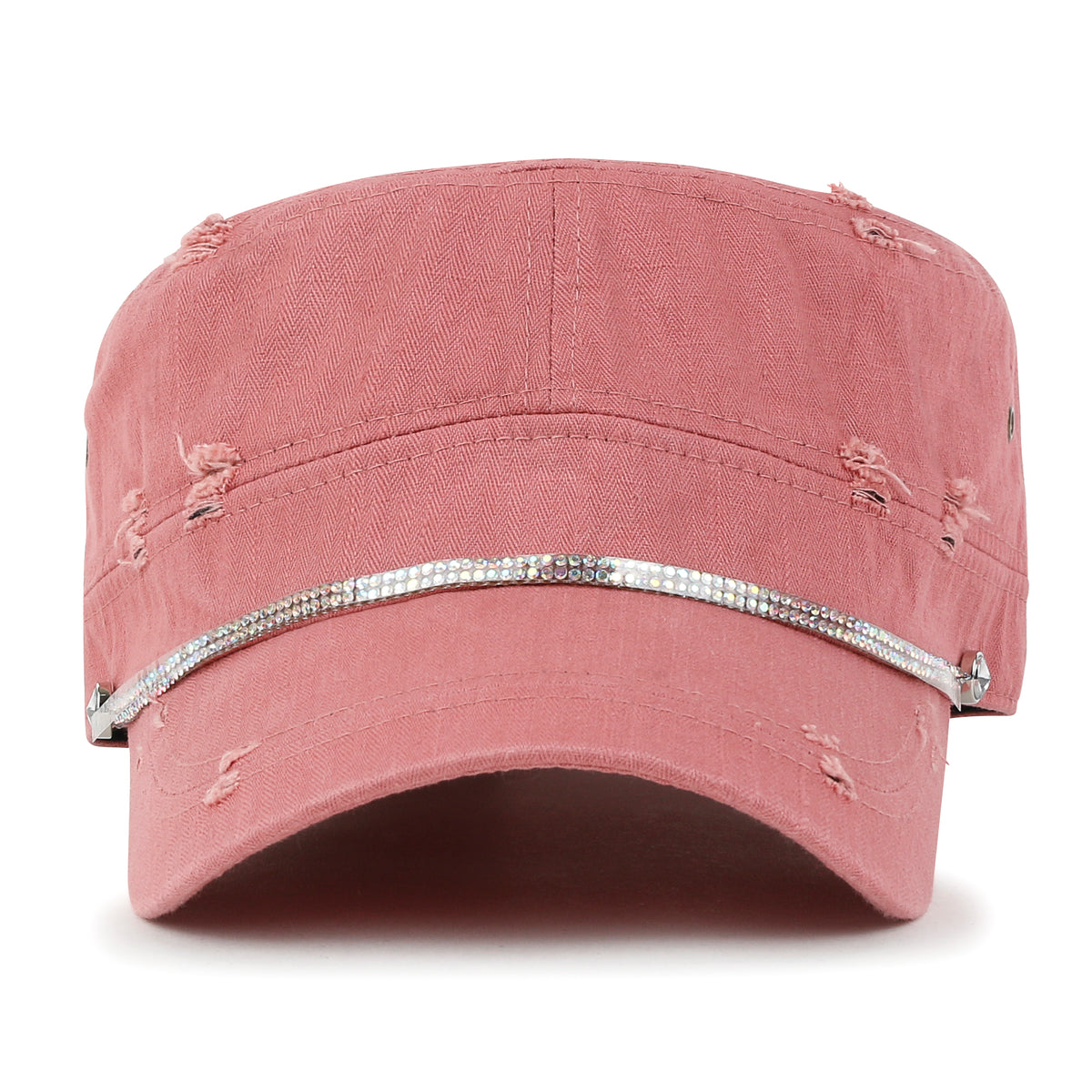 ililily Vintage Distressed Rhineston Lined Cadet Cap Cotton Army Hat