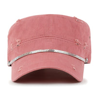 ililily Vintage Distressed Rhineston Lined Cadet Cap Cotton Army Hat