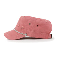 ililily Vintage Distressed Rhineston Lined Cadet Cap Cotton Army Hat