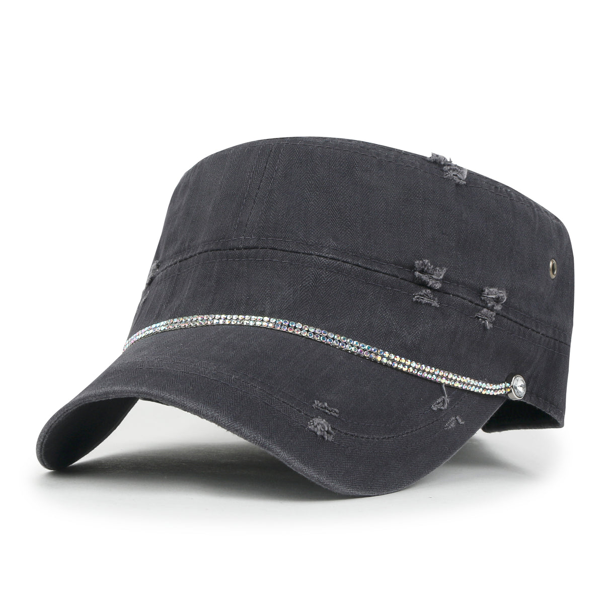 ililily Vintage Distressed Rhineston Lined Cadet Cap Cotton Army Hat