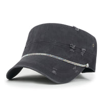 ililily Vintage Distressed Rhineston Lined Cadet Cap Cotton Army Hat