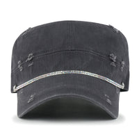 ililily Vintage Distressed Rhineston Lined Cadet Cap Cotton Army Hat