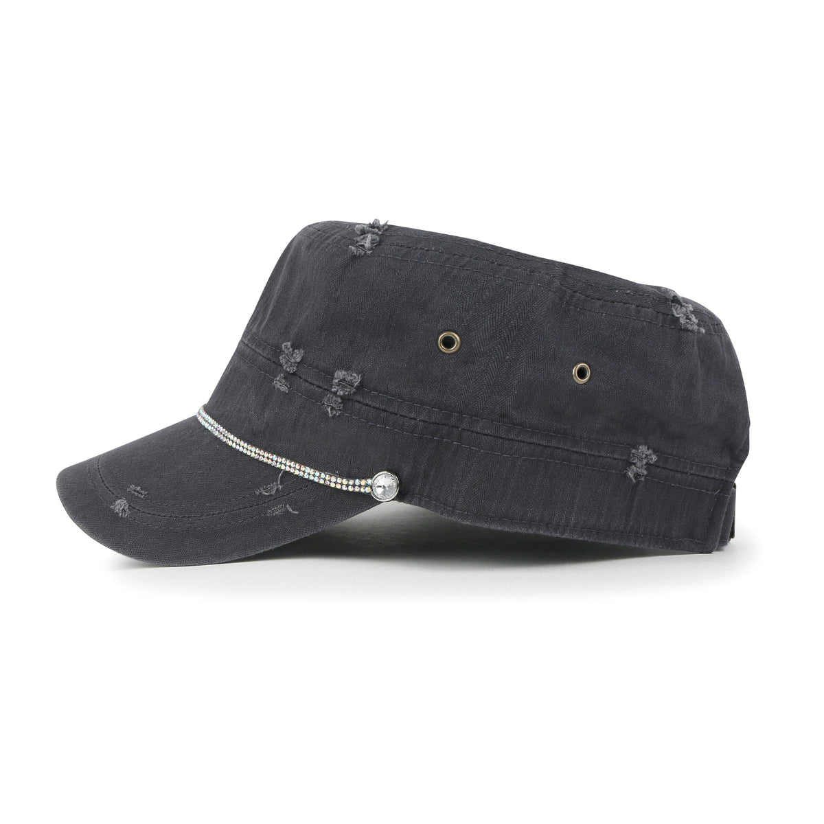 ililily Vintage Distressed Rhineston Lined Cadet Cap Cotton Army Hat