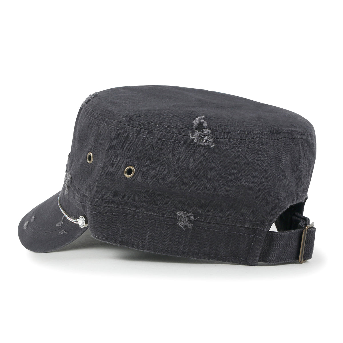 ililily Vintage Distressed Rhineston Lined Cadet Cap Cotton Army Hat