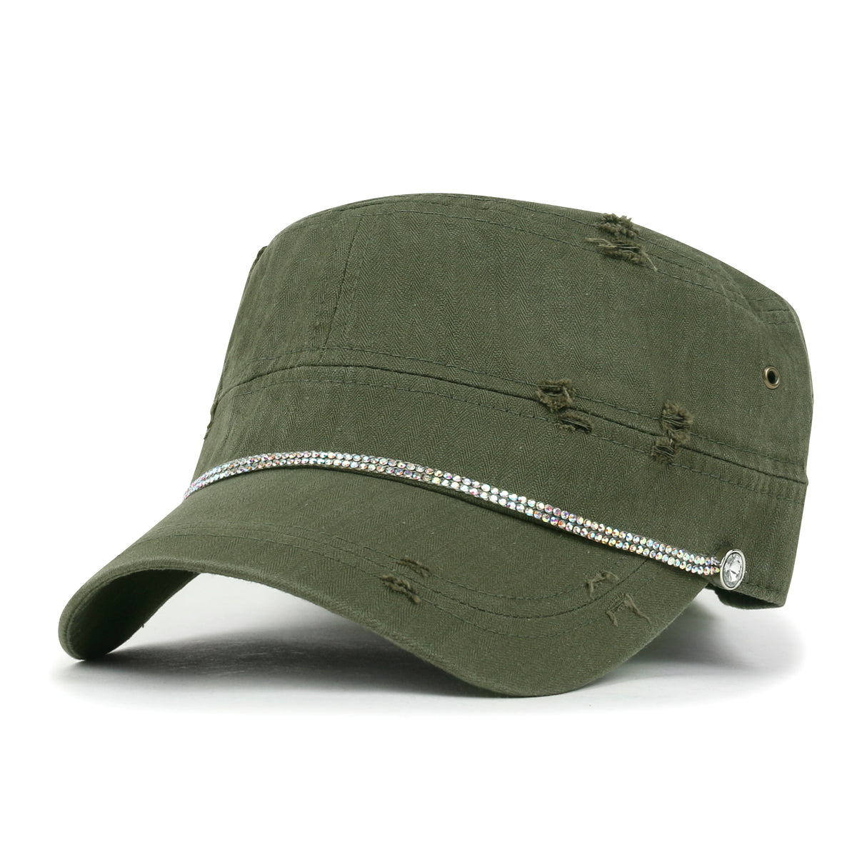 ililily Vintage Distressed Rhineston Lined Cadet Cap Cotton Army Hat
