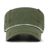 ililily Vintage Distressed Rhineston Lined Cadet Cap Cotton Army Hat