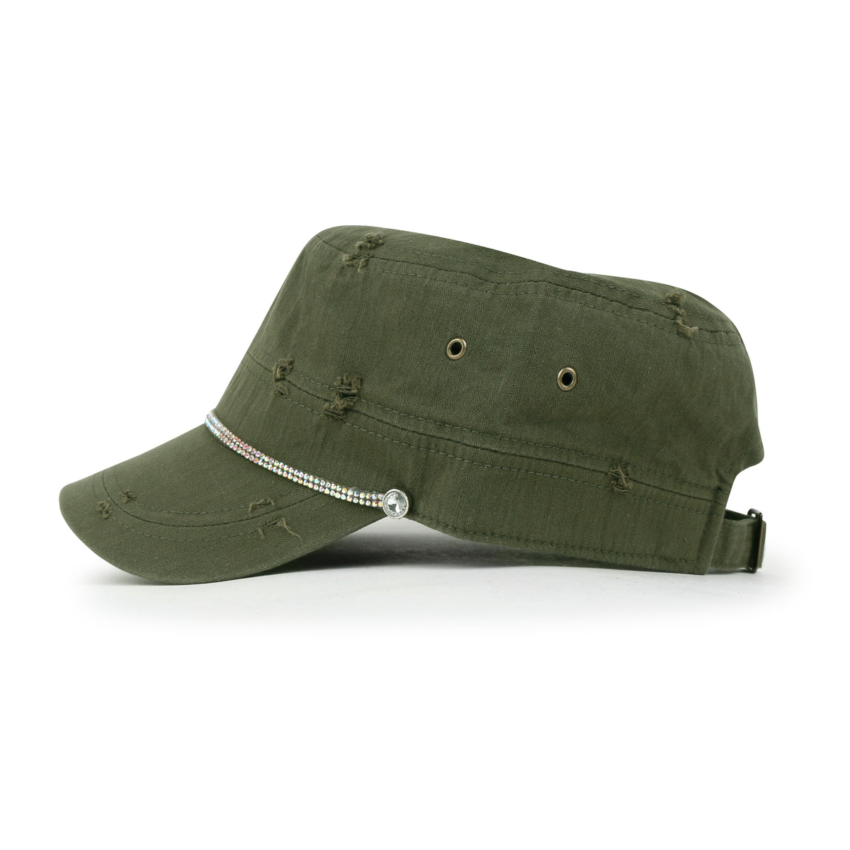 ililily Vintage Distressed Rhineston Lined Cadet Cap Cotton Army Hat