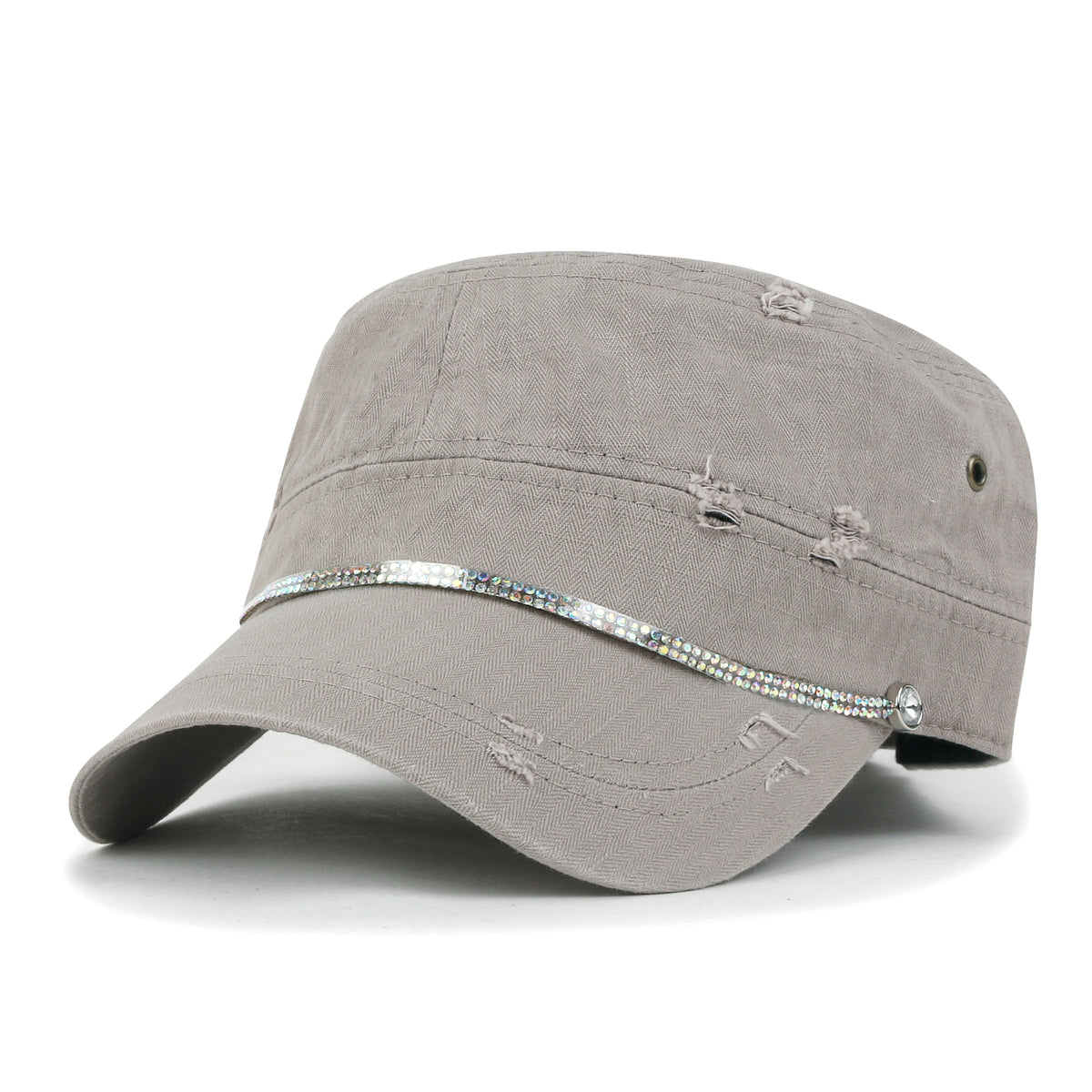 ililily Vintage Distressed Rhineston Lined Cadet Cap Cotton Army Hat