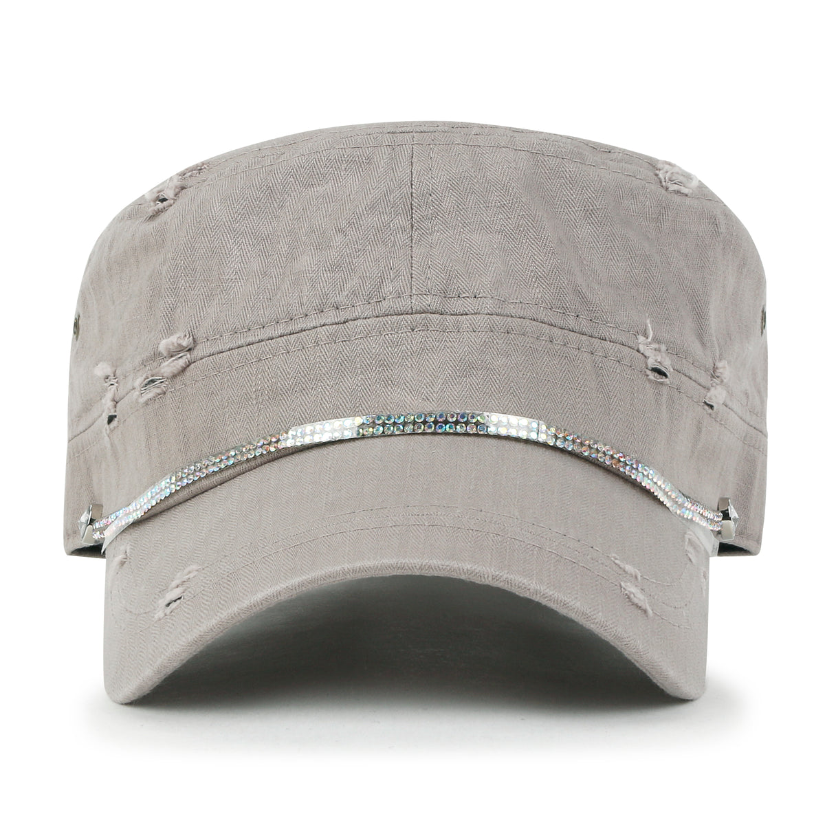ililily Vintage Distressed Rhineston Lined Cadet Cap Cotton Army Hat