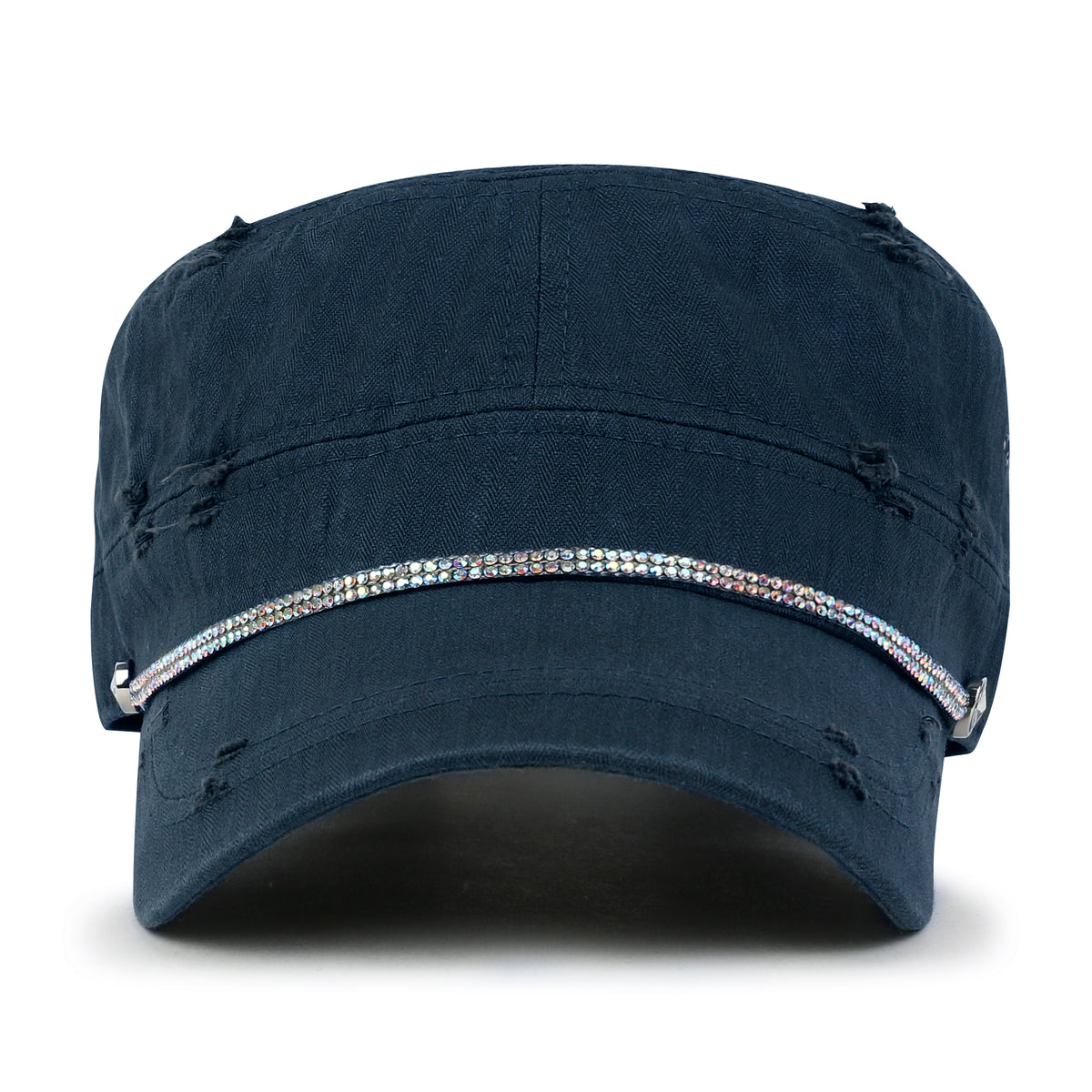ililily Vintage Distressed Rhineston Lined Cadet Cap Cotton Army Hat