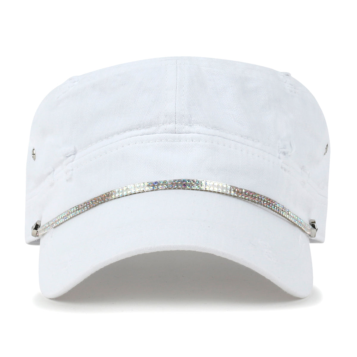 ililily Vintage Distressed Rhineston Lined Cadet Cap Cotton Army Hat