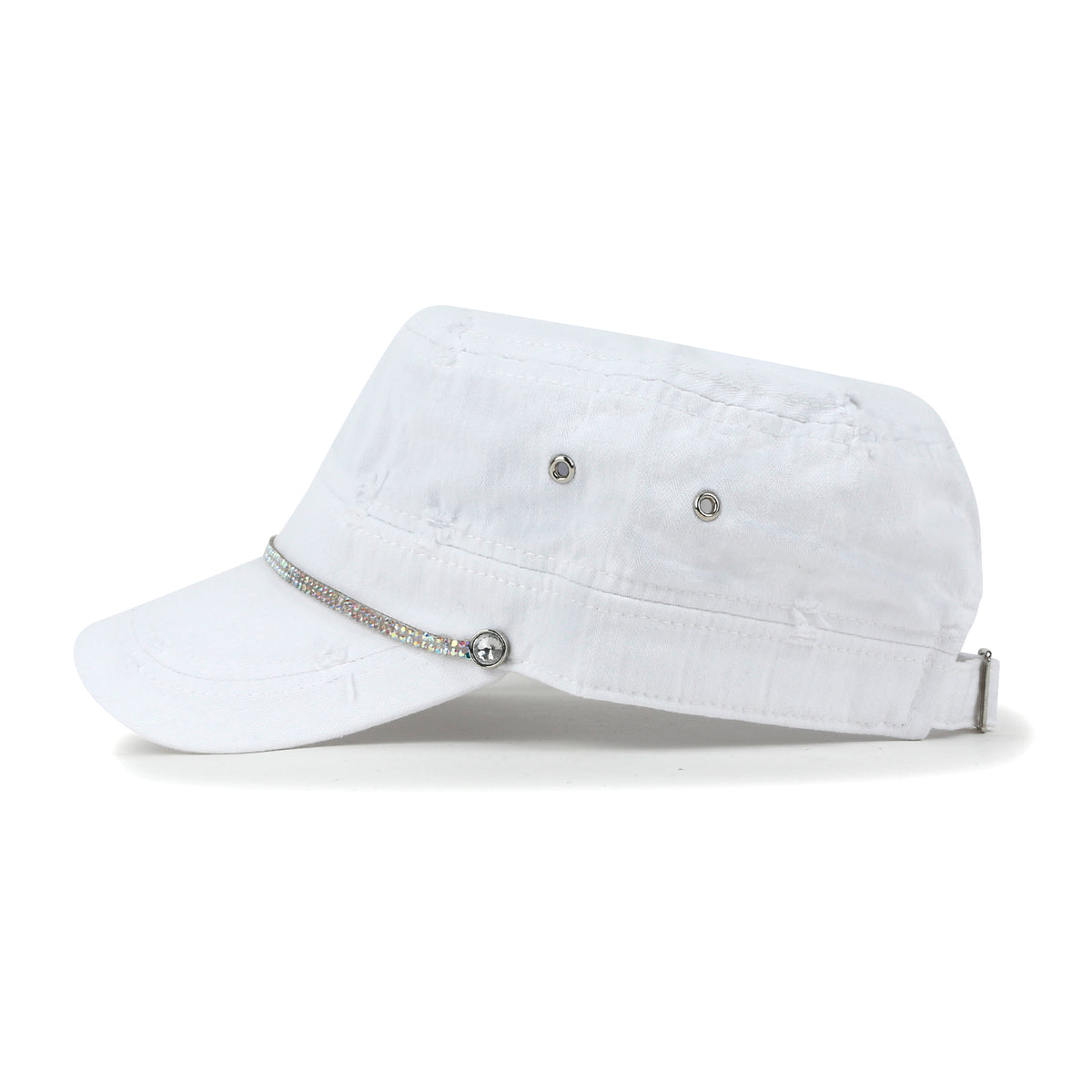 ililily Vintage Distressed Rhineston Lined Cadet Cap Cotton Army Hat