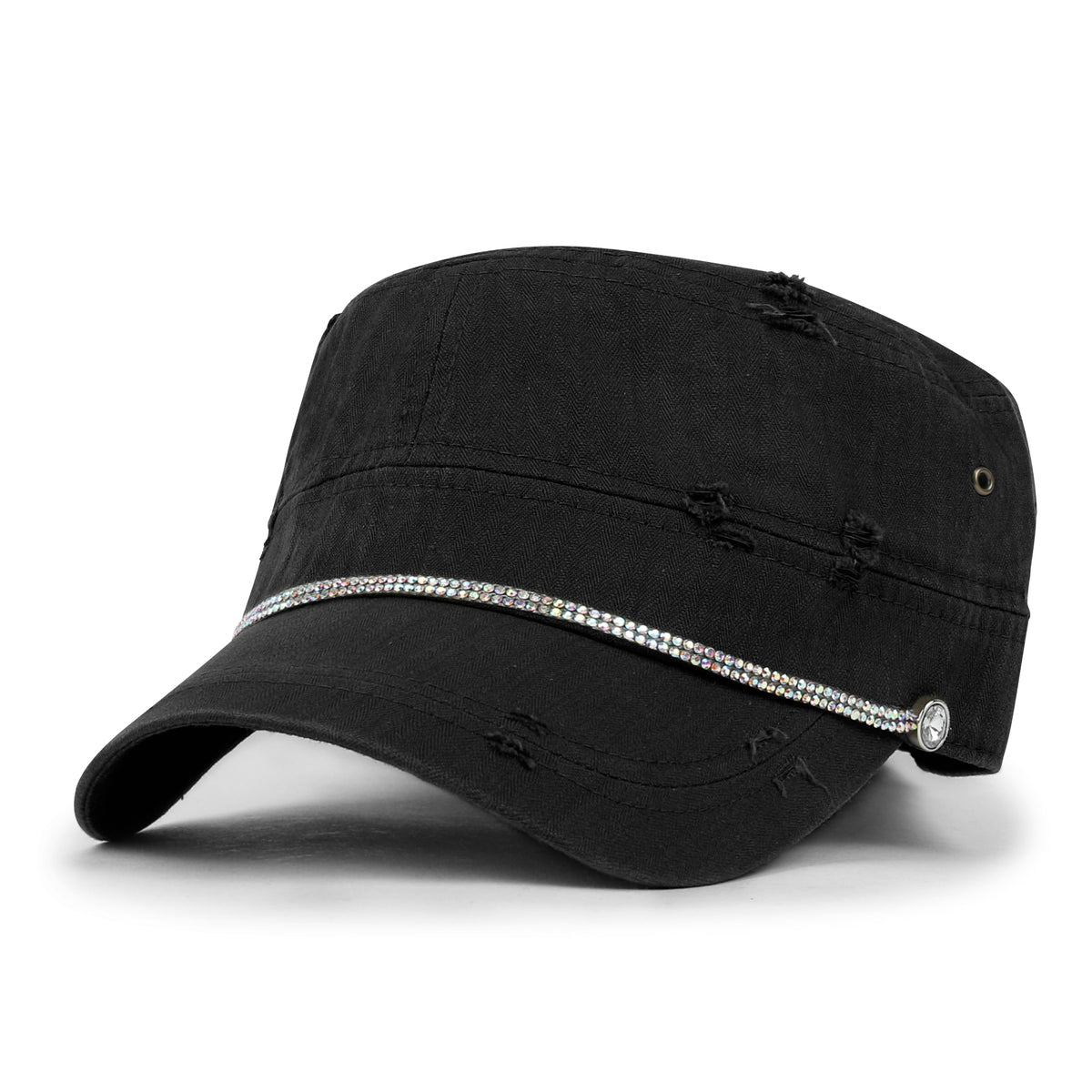 ililily Vintage Distressed Rhineston Lined Cadet Cap Cotton Army Hat