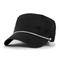 ililily Vintage Distressed Rhineston Lined Cadet Cap Cotton Army Hat