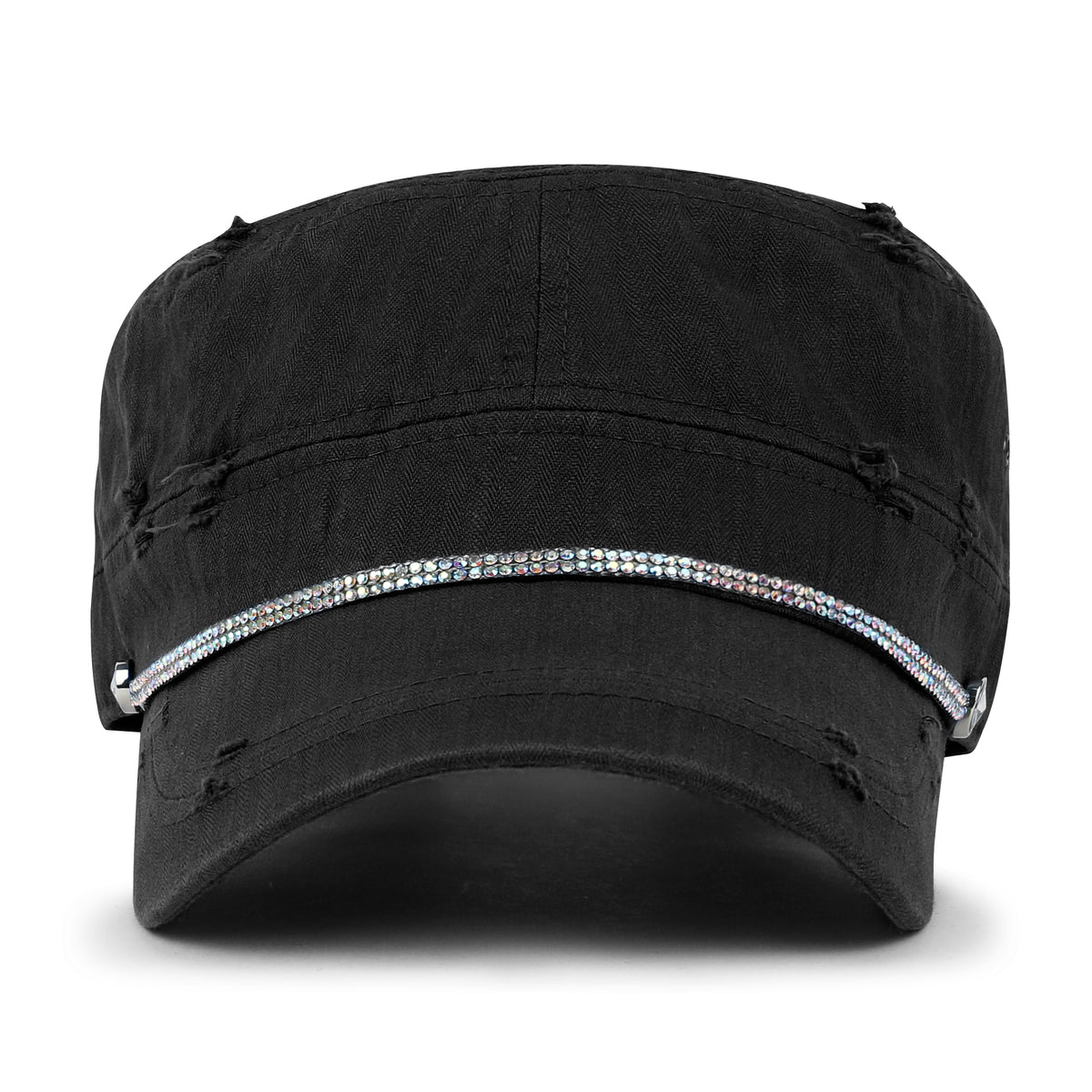 ililily Vintage Distressed Rhineston Lined Cadet Cap Cotton Army Hat