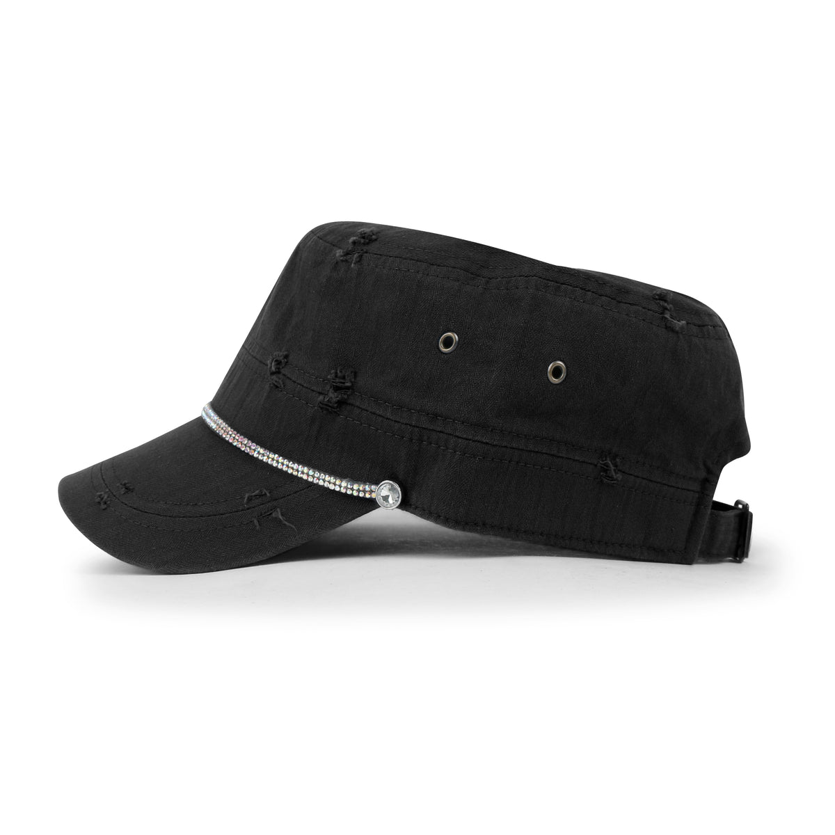 ililily Vintage Distressed Rhineston Lined Cadet Cap Cotton Army Hat