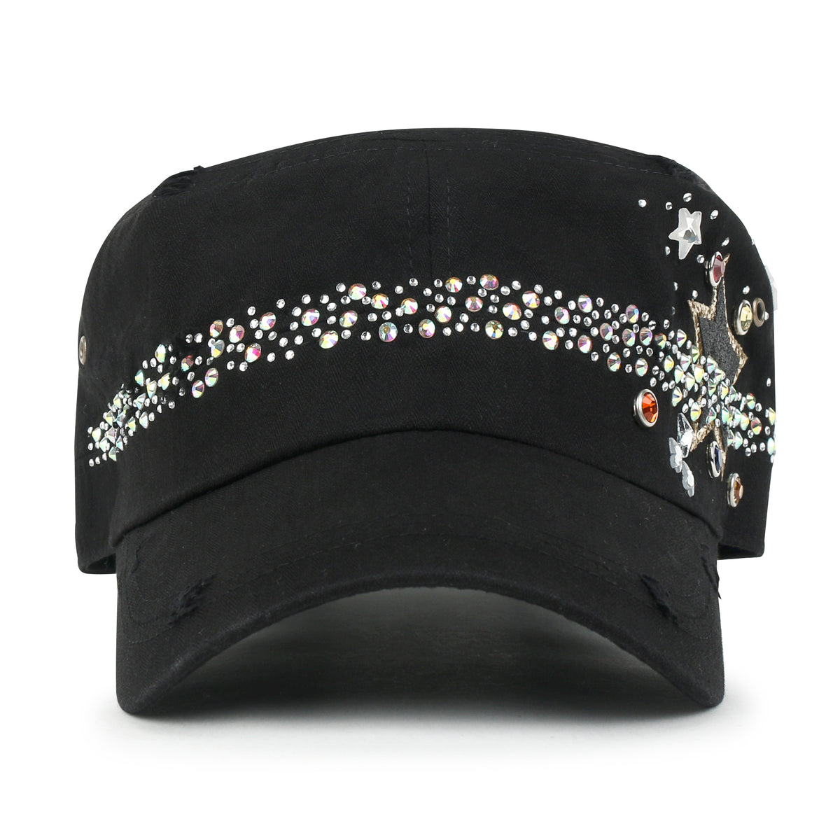 ililily Vintage Distressed Star Spangle Cotton Army Hat Rhinestone Cadet Cap