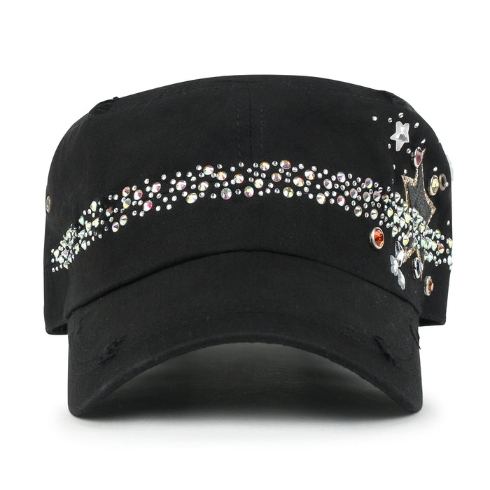 ililily Vintage Distressed Star Spangle Cotton Army Hat Rhinestone Cadet Cap