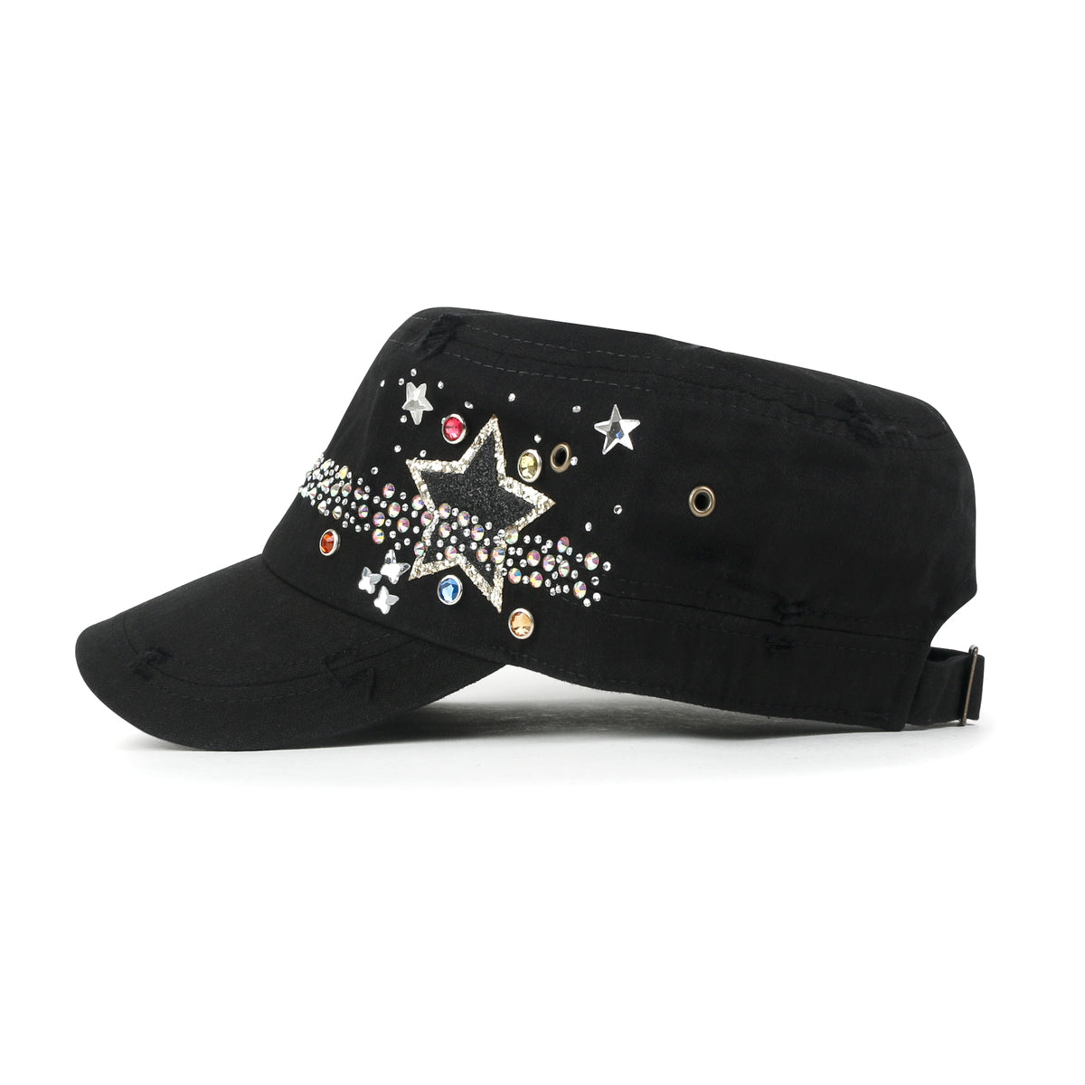 ililily Vintage Distressed Star Spangle Cotton Army Hat Rhinestone Cadet Cap