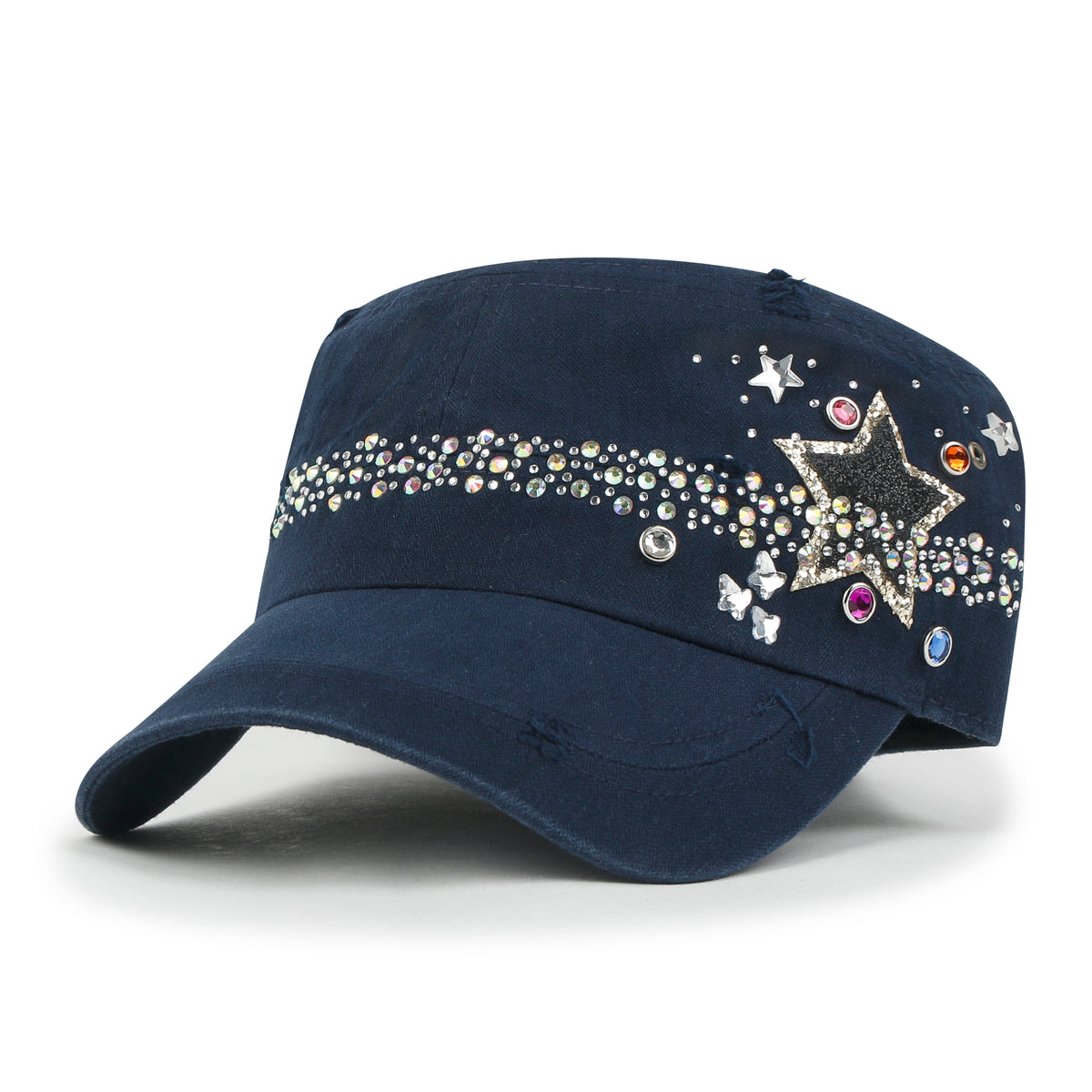 ililily Vintage Distressed Star Spangle Cotton Army Hat Rhinestone Cadet Cap