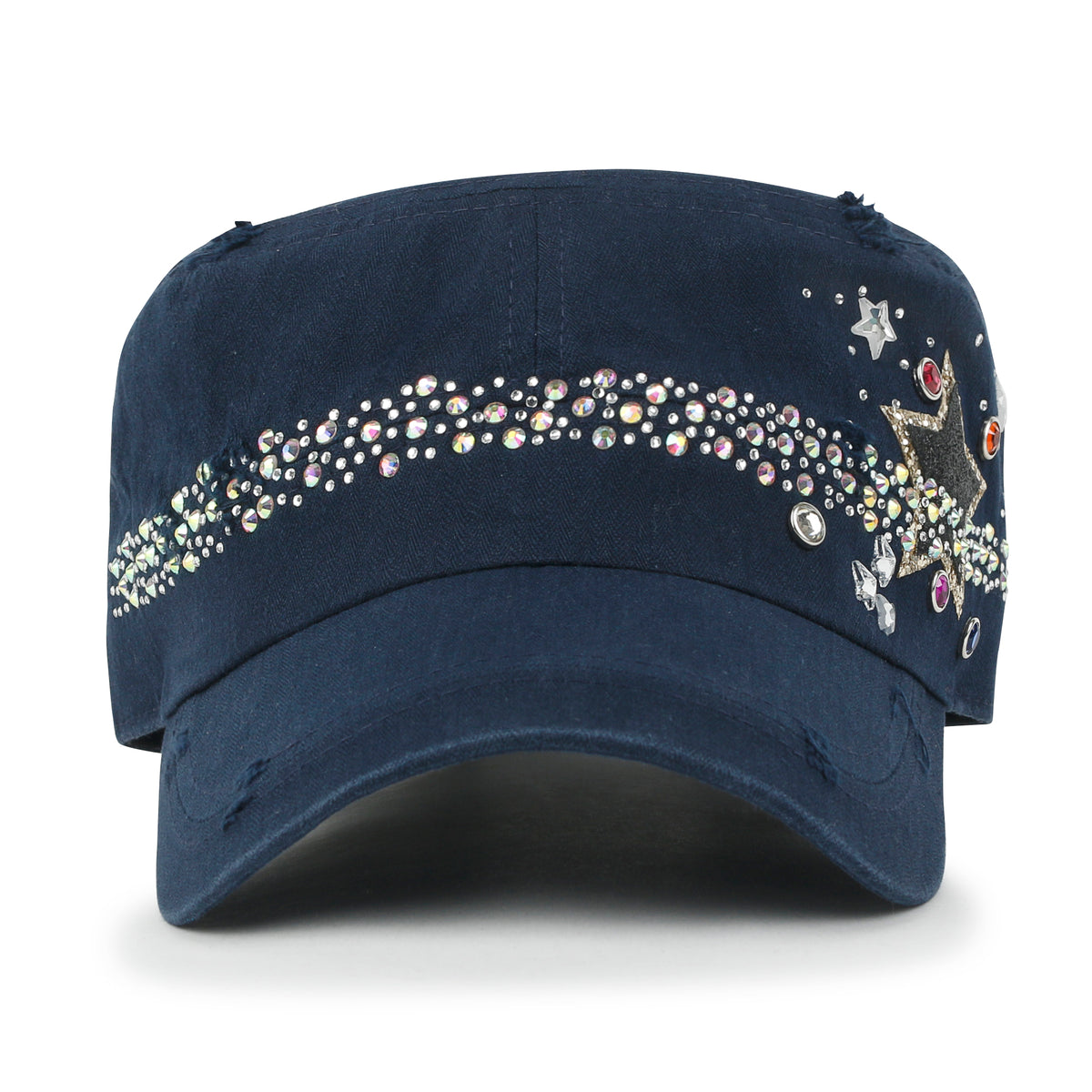 ililily Vintage Distressed Star Spangle Cotton Army Hat Rhinestone Cadet Cap