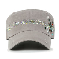 ililily Vintage Distressed Star Spangle Cotton Army Hat Rhinestone Cadet Cap