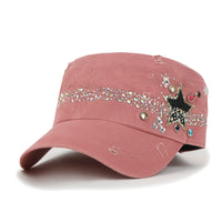 ililily Vintage Distressed Star Spangle Cotton Army Hat Rhinestone Cadet Cap