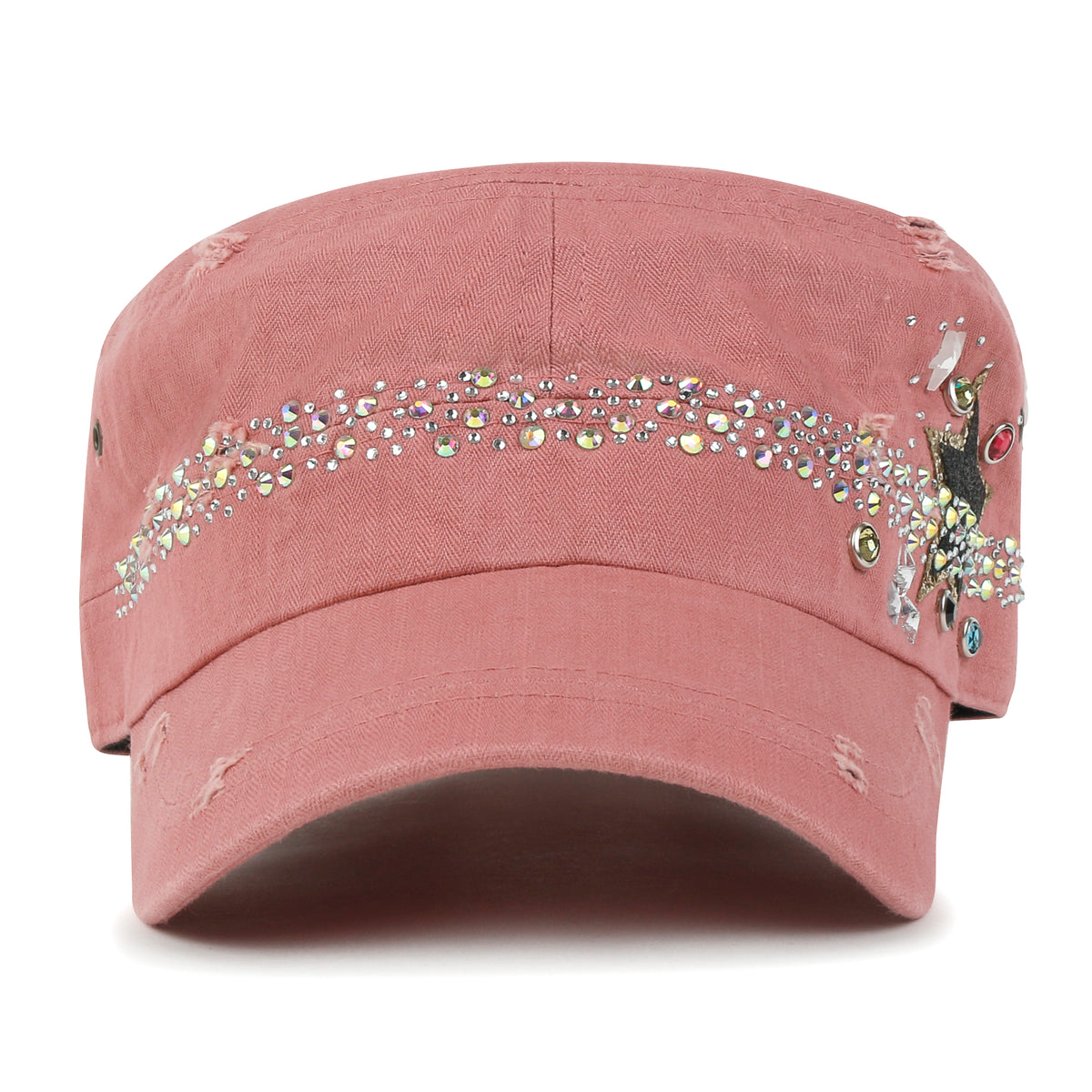 ililily Vintage Distressed Star Spangle Cotton Army Hat Rhinestone Cadet Cap