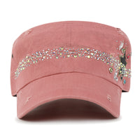 ililily Vintage Distressed Star Spangle Cotton Army Hat Rhinestone Cadet Cap