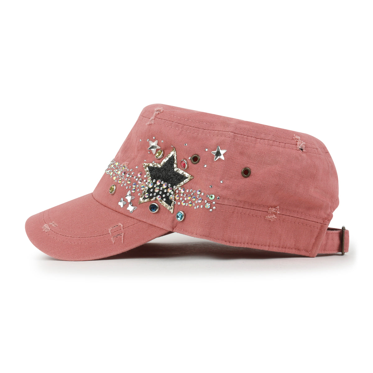 ililily Vintage Distressed Star Spangle Cotton Army Hat Rhinestone Cadet Cap