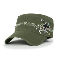ililily Vintage Distressed Star Spangle Cotton Army Hat Rhinestone Cadet Cap