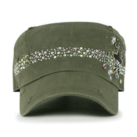 ililily Vintage Distressed Star Spangle Cotton Army Hat Rhinestone Cadet Cap