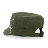 ililily Vintage Distressed Star Spangle Cotton Army Hat Rhinestone Cadet Cap