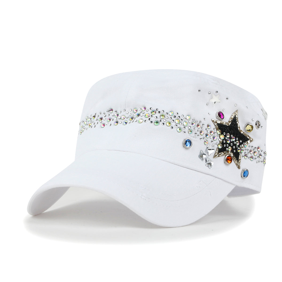 ililily Vintage Distressed Star Spangle Cotton Army Hat Rhinestone Cadet Cap