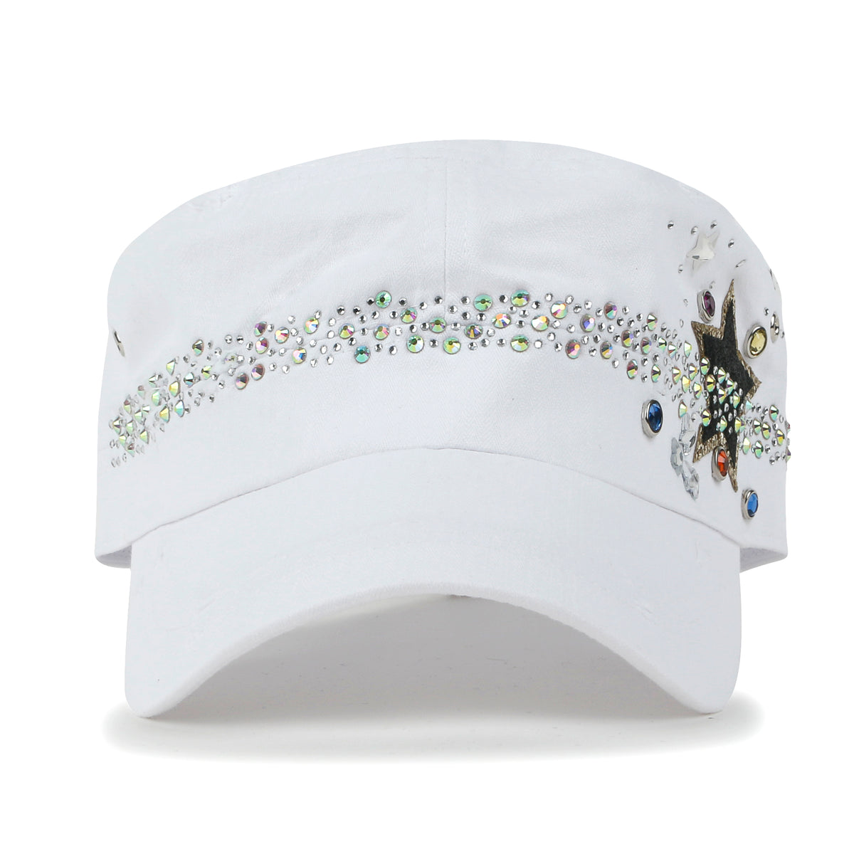 ililily Vintage Distressed Star Spangle Cotton Army Hat Rhinestone Cadet Cap