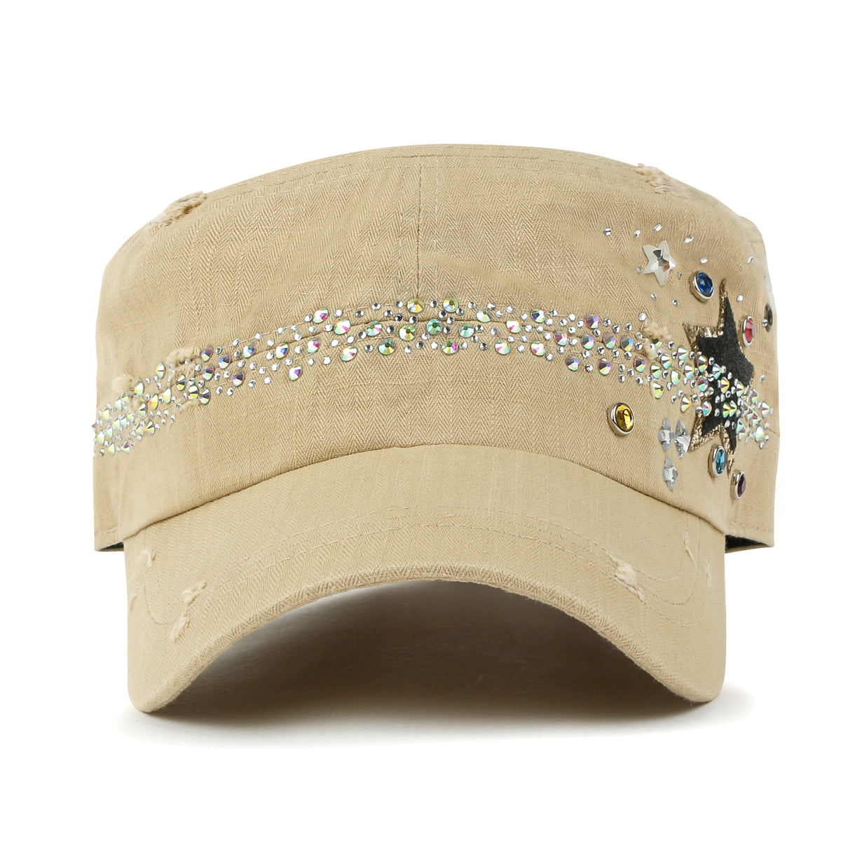 ililily Vintage Distressed Star Spangle Cotton Army Hat Rhinestone Cadet Cap
