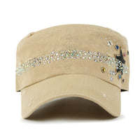 ililily Vintage Distressed Star Spangle Cotton Army Hat Rhinestone Cadet Cap