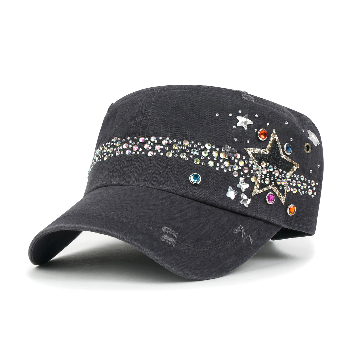 ililily Vintage Distressed Star Spangle Cotton Army Hat Rhinestone Cadet Cap