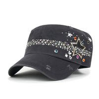ililily Vintage Distressed Star Spangle Cotton Army Hat Rhinestone Cadet Cap