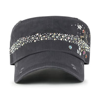 ililily Vintage Distressed Star Spangle Cotton Army Hat Rhinestone Cadet Cap