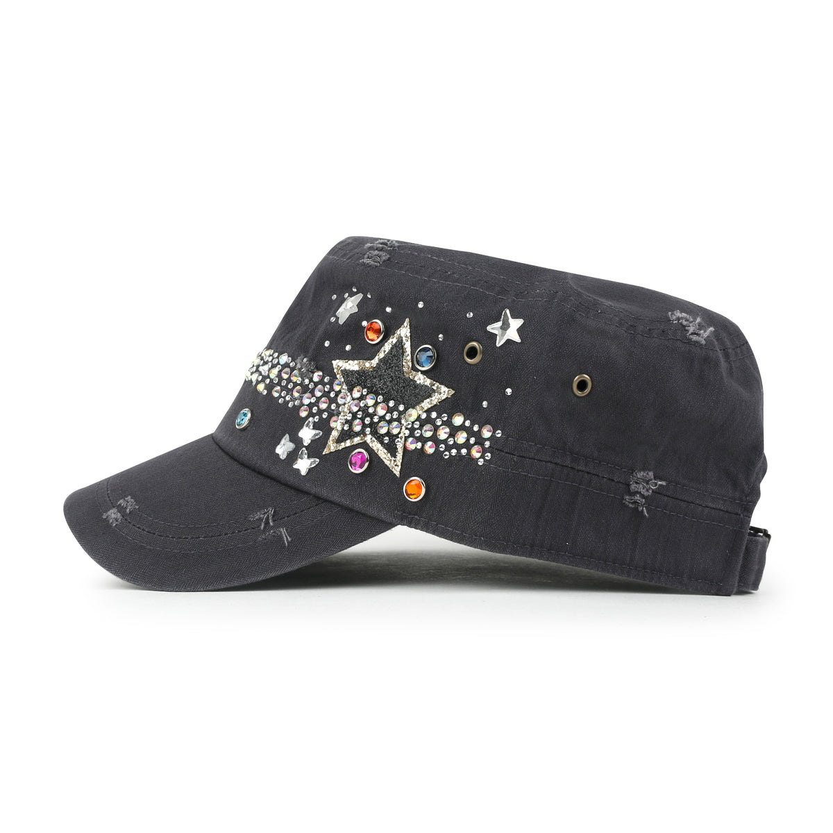 ililily Vintage Distressed Star Spangle Cotton Army Hat Rhinestone Cadet Cap
