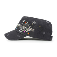 ililily Vintage Distressed Star Spangle Cotton Army Hat Rhinestone Cadet Cap